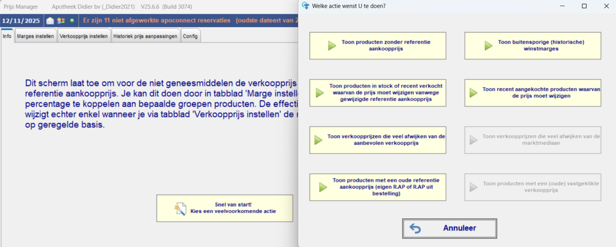 Sneltoetsen in de prijsmanager