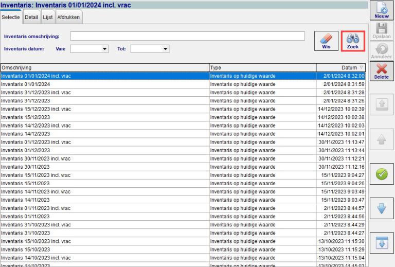 Klik zoek om de aangemaakte inventarissen op te lijsten.